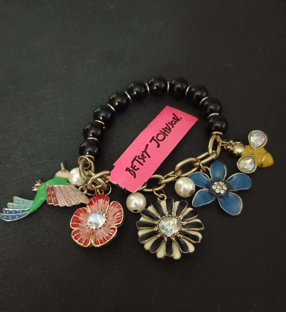 Betsey Johnson Black Beaded Bracelet with Colorful Enamel Flower & Bird Charms